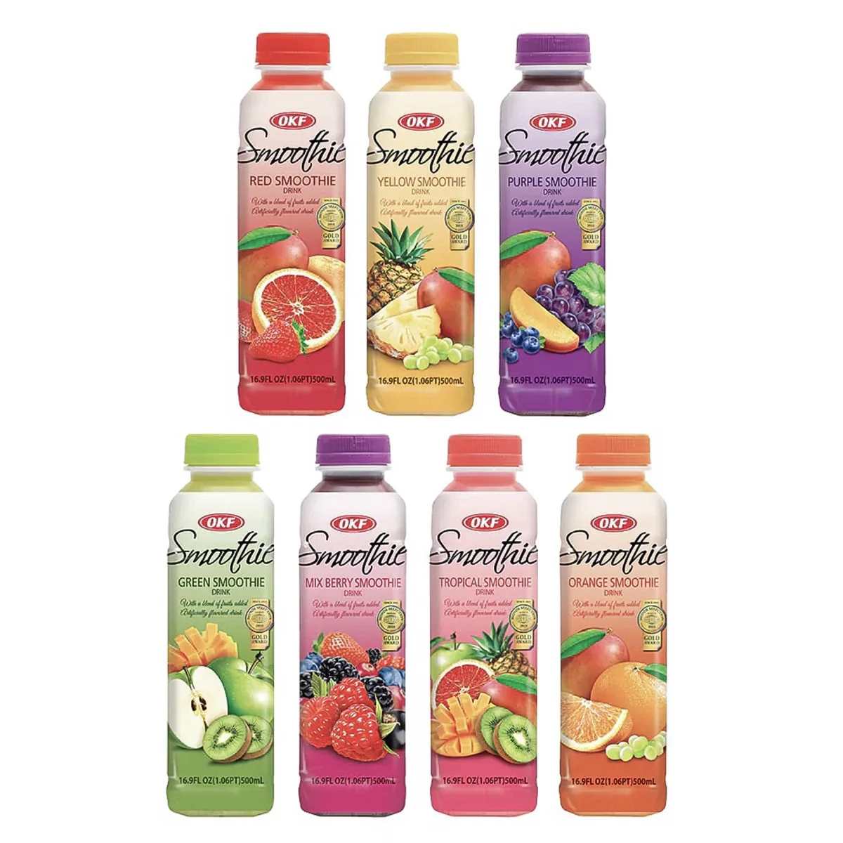 All seven OKF Korean smoothies: Red, Orange, Yellow, Green, Purple, Mix Berry and Tropical
