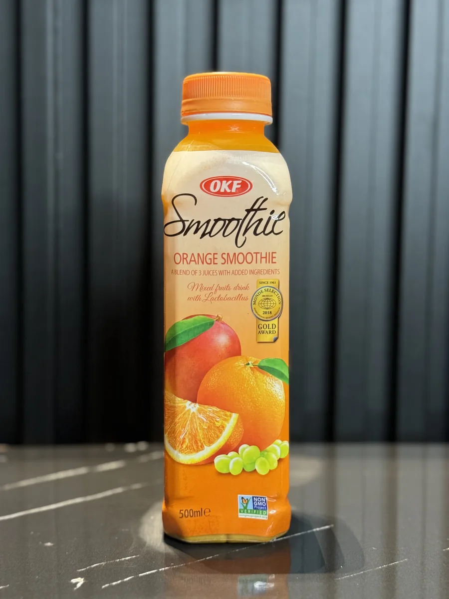 OKF Orange Korean smoothie bottle, showing its original label