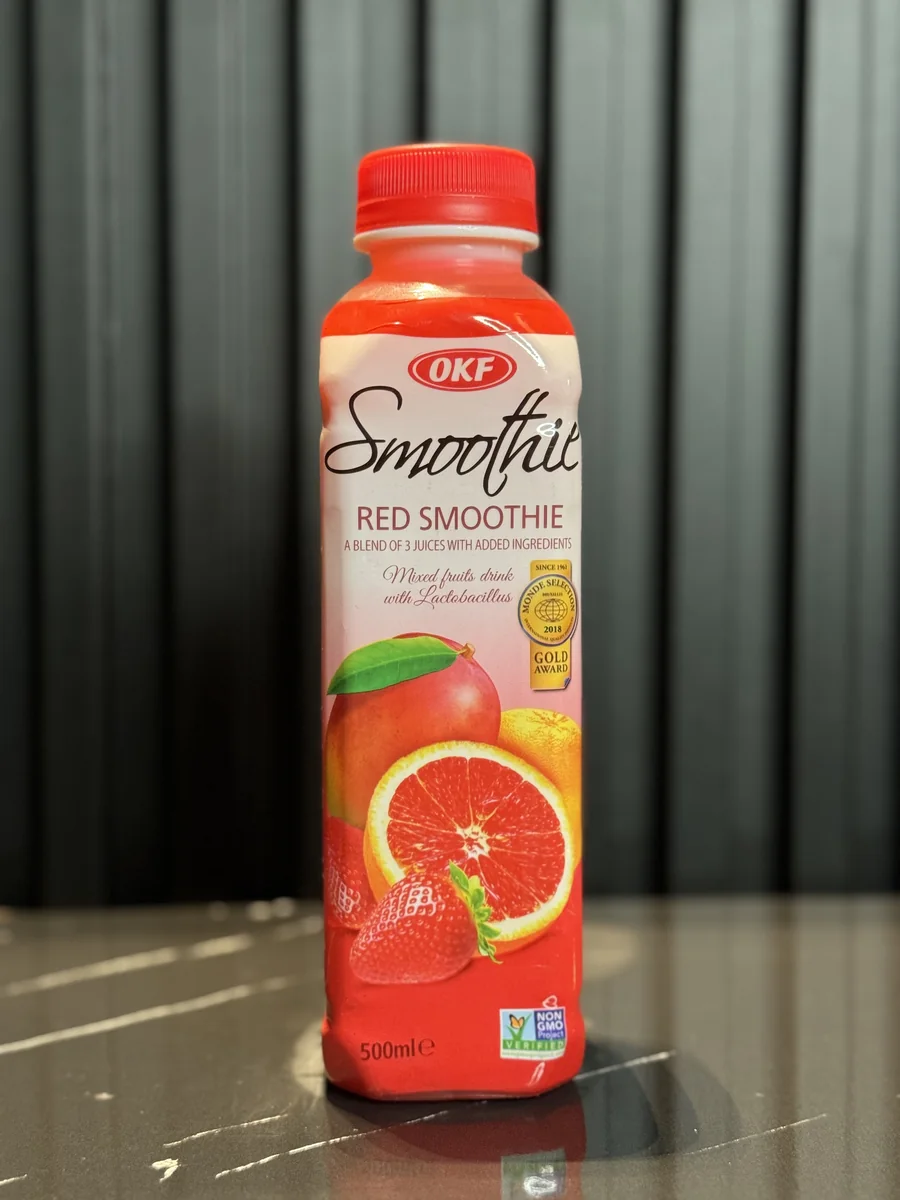 OKF Red Korean smoothie bottle, showing its original label
